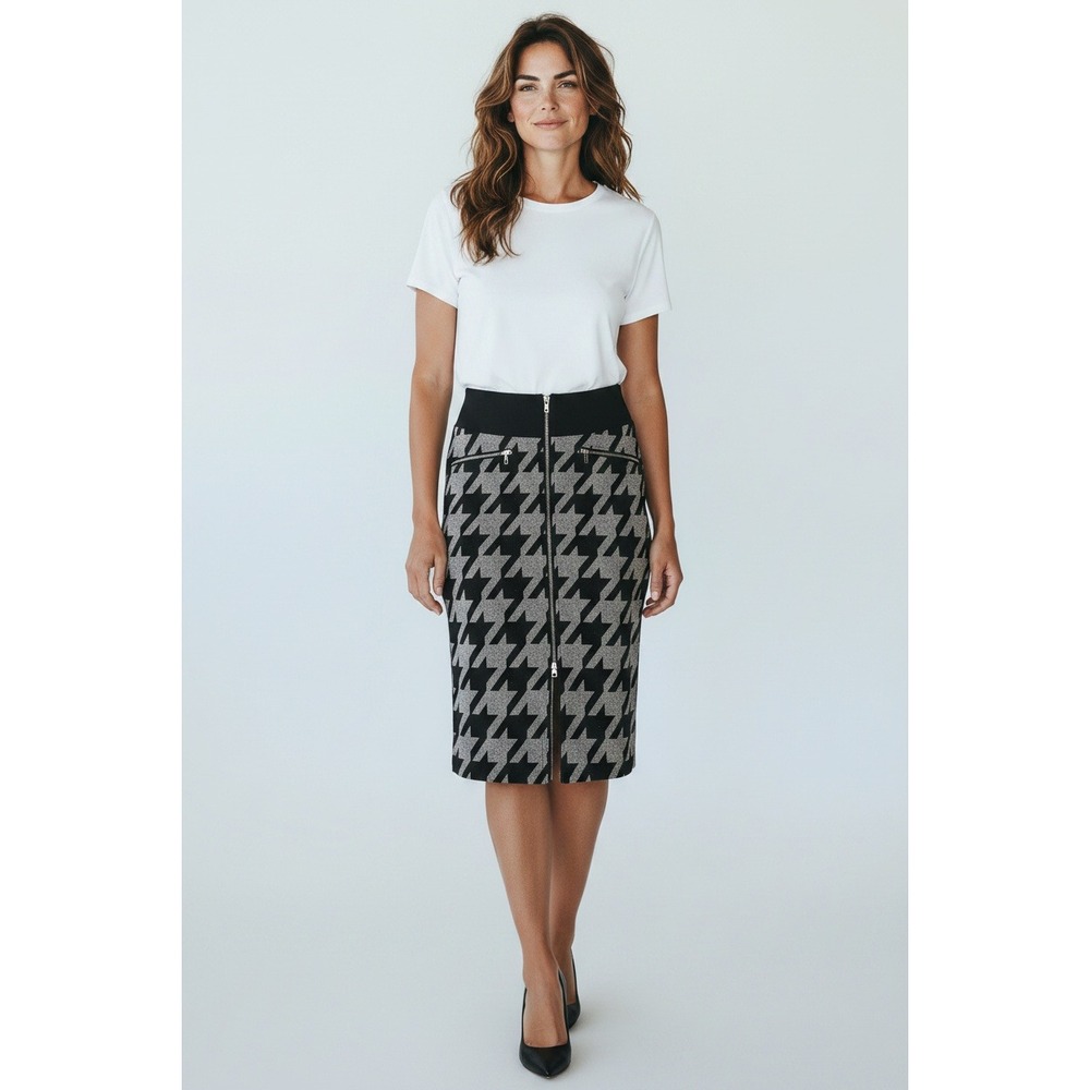 Worthington Houndstooth Pencil Skirt Front Zip Grey Black Size 4